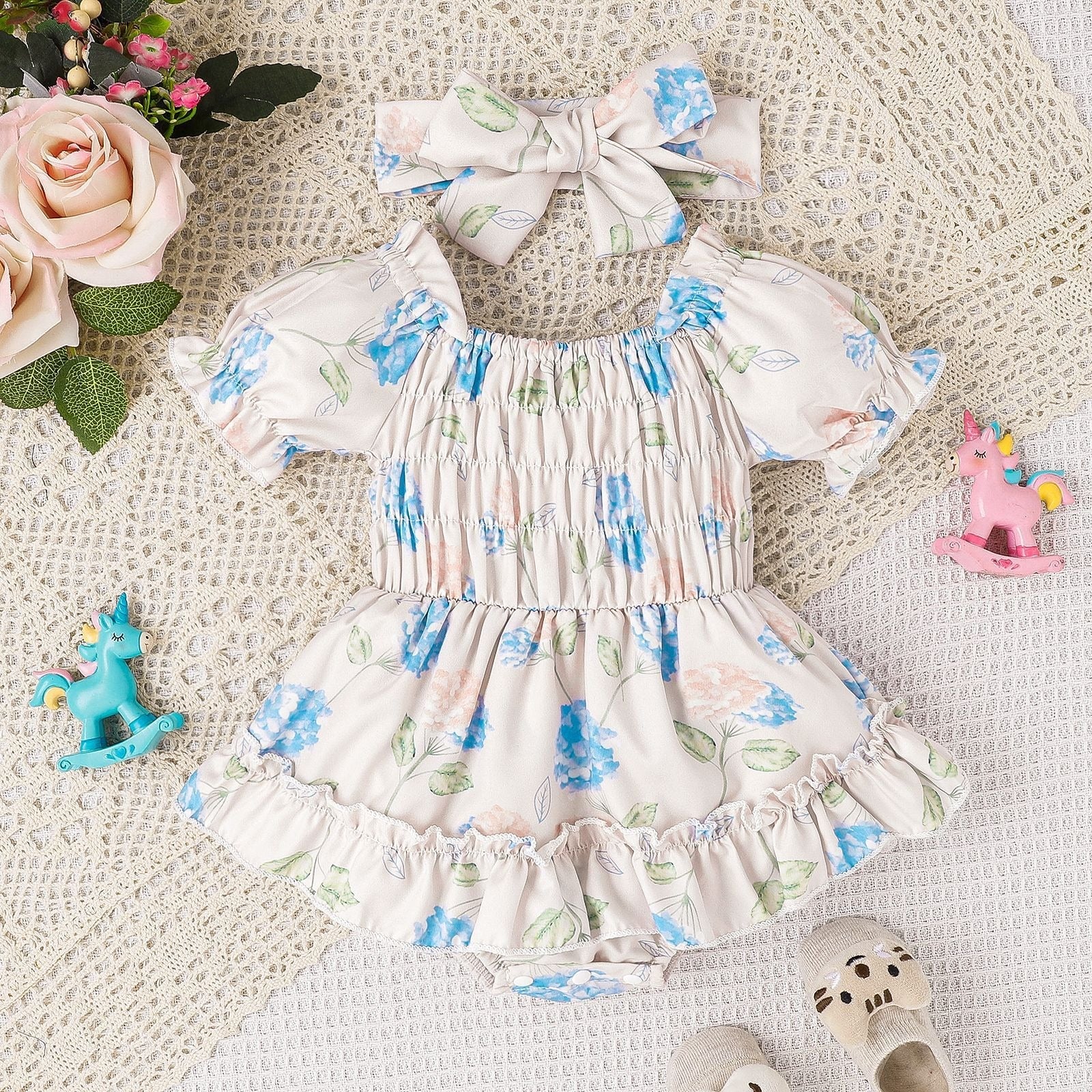 Floral Skirt-Hem Romper (3-24M)   Blue / 100cm Mimou Babywear