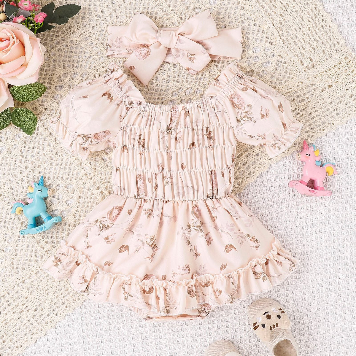 Floral Skirt-Hem Romper (3-24M)   Apricot / 100cm Mimou Babywear