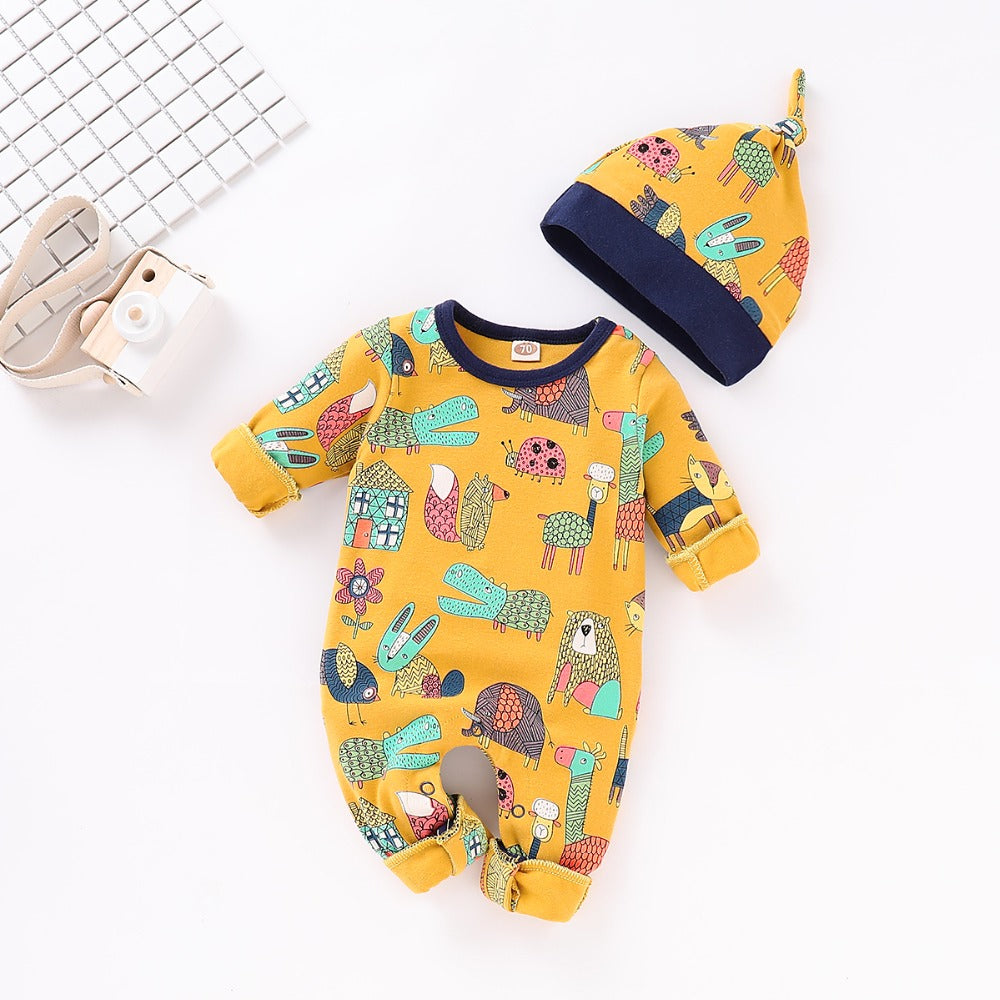 Funny Cartoon Print Romper & Cap Set – 2pcs Outfit    Mimou Babywear