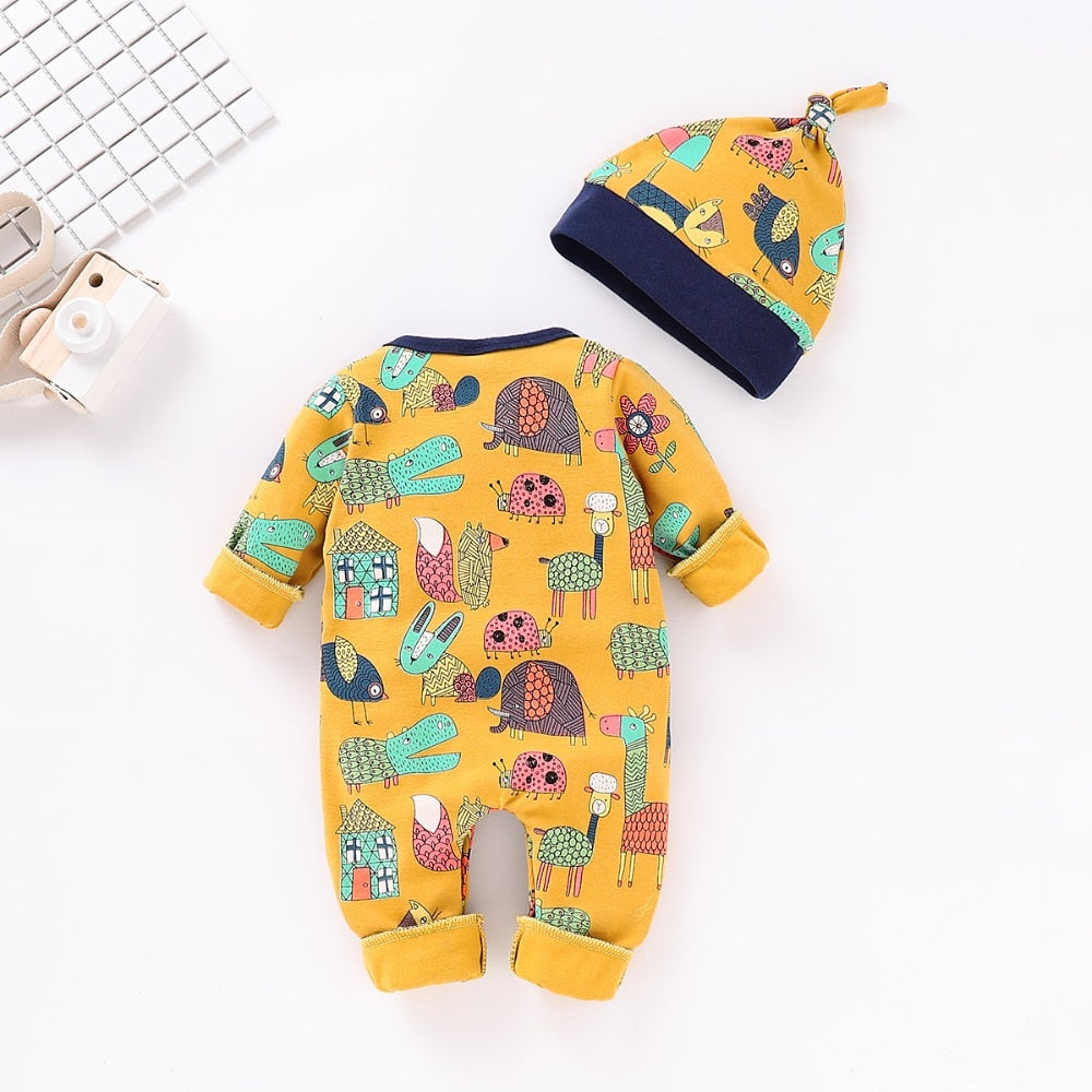 Funny Cartoon Print Romper & Cap Set – 2pcs Outfit    Mimou Babywear