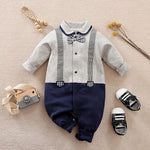 Gentleman Baby Boy Romper with Bow Tie & Suspenders (0–18M)    Mimou Babywear