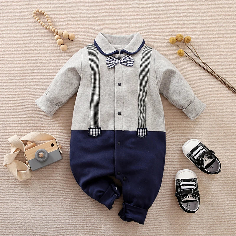 Gentleman Baby Boy Romper with Bow Tie & Suspenders (0–18M)    Mimou Babywear