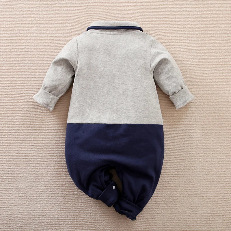 Gentleman Baby Boy Romper with Bow Tie & Suspenders (0–18M)    Mimou Babywear