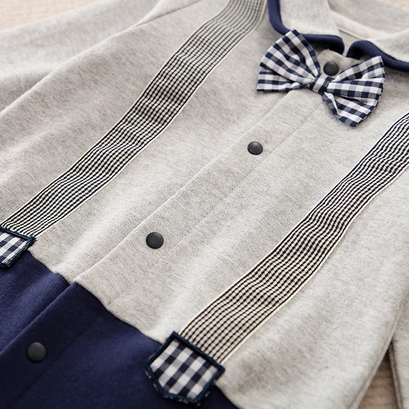 Gentleman Baby Boy Romper with Bow Tie & Suspenders (0–18M)    Mimou Babywear