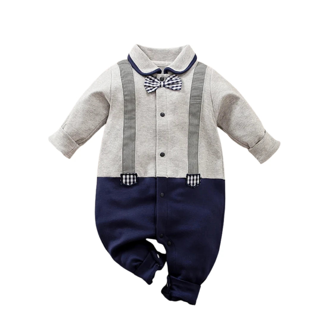 Gentleman Baby Boy Romper with Bow Tie & Suspenders (0–18M)    Mimou Babywear