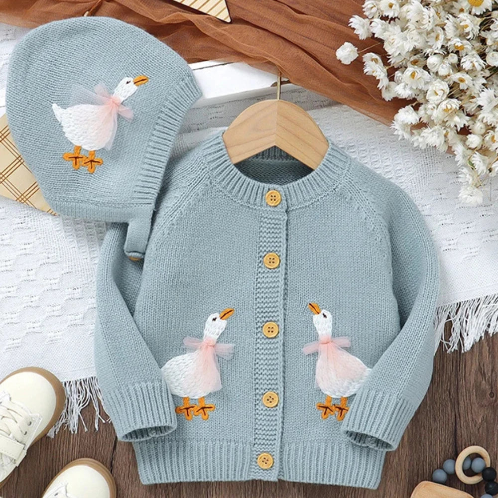 Goose Embroidery Cardigan & Hat Set (3-24M)    Mimou Babywear