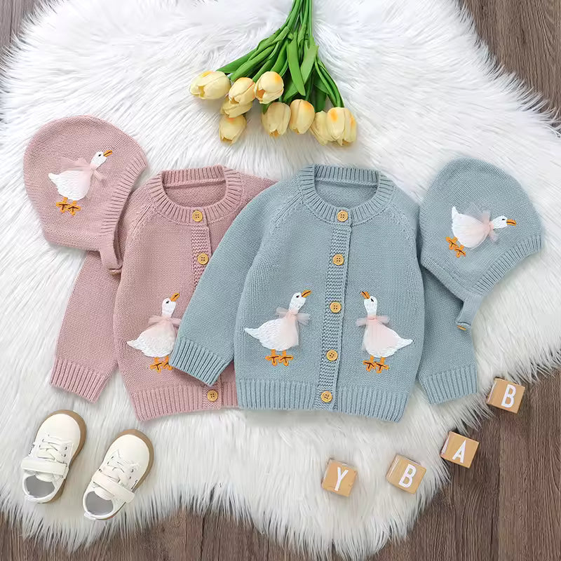 Goose Embroidery Cardigan & Hat Set (3-24M)    Mimou Babywear