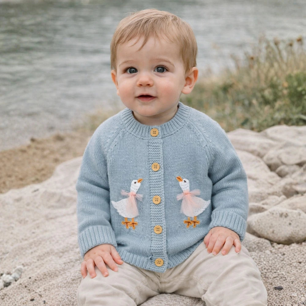 Goose Embroidery Cardigan & Hat Set (3-24M)    Mimou Babywear