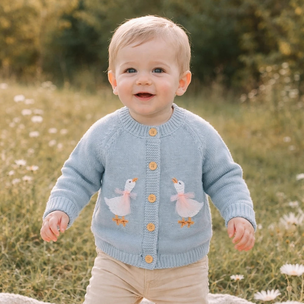 Goose Embroidery Cardigan & Hat Set (3-24M)    Mimou Babywear