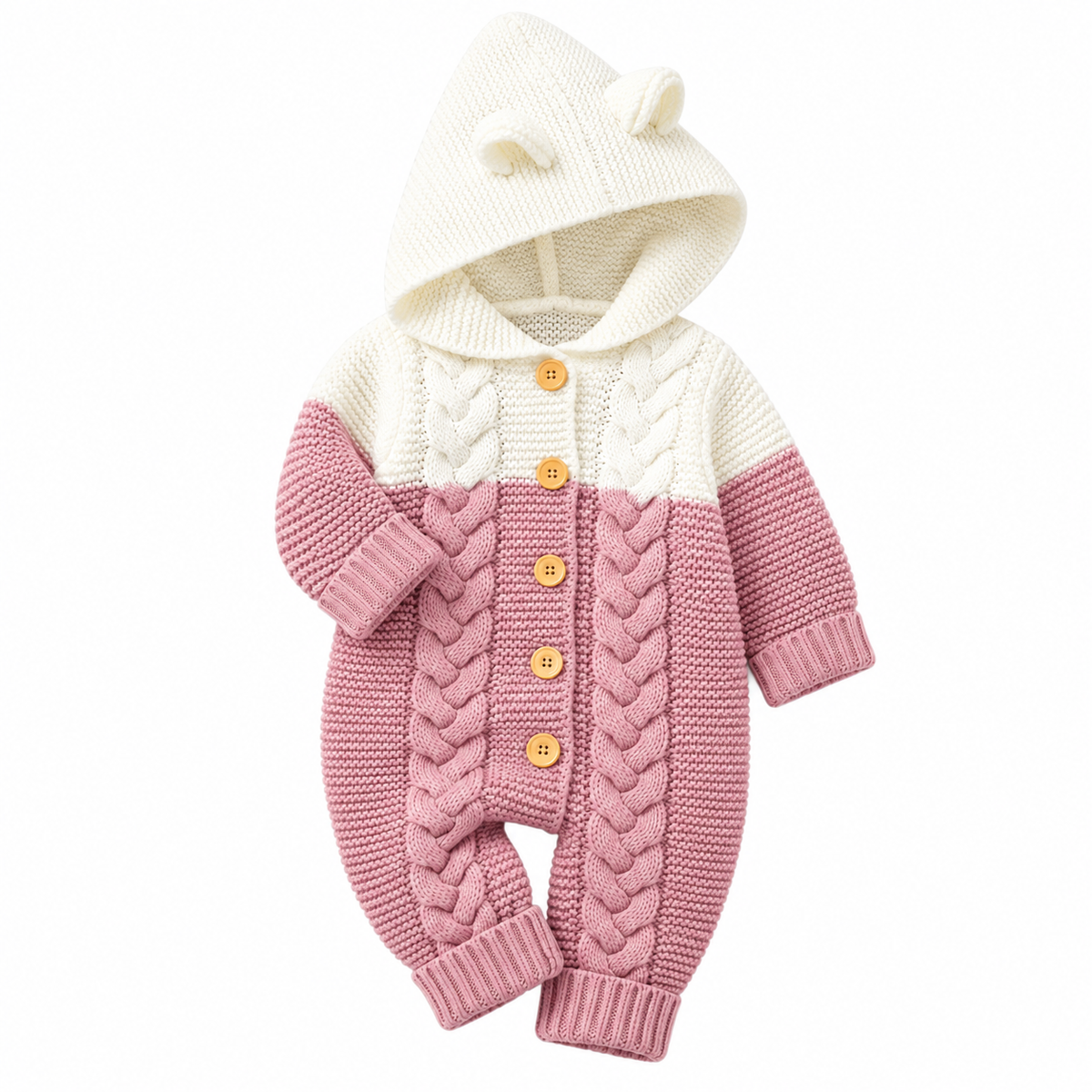 Bear Ear Hood Cable Knit Colorblock Romper – Cozy Button-Up Baby Outfit (0–12M)