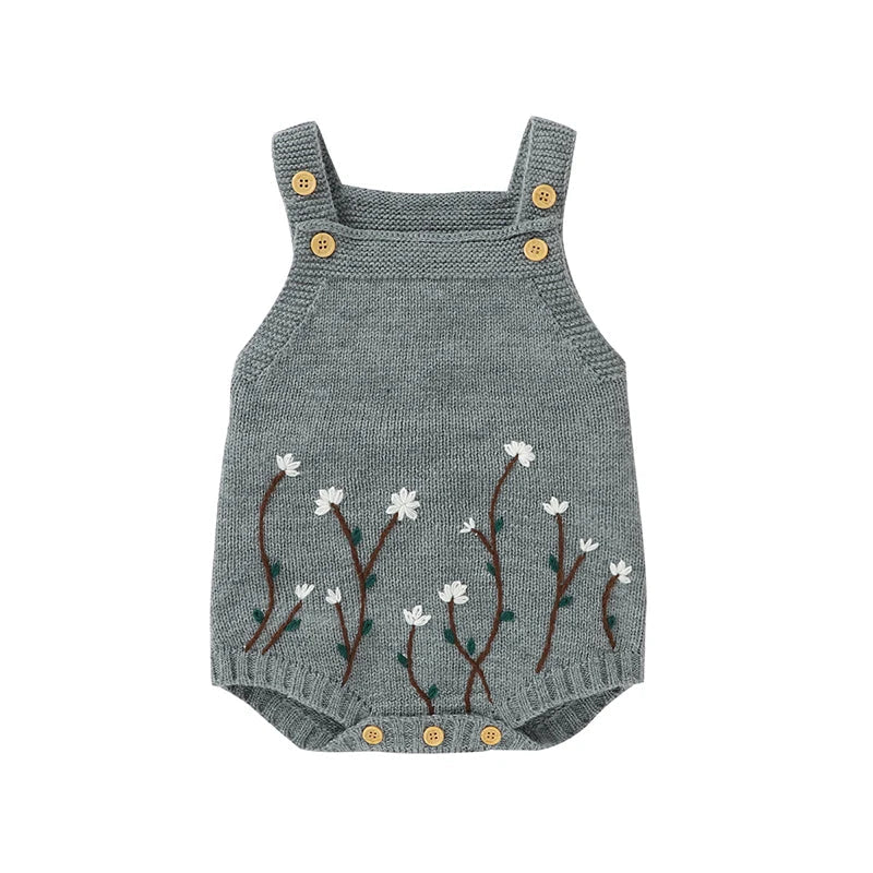Handcrafted Sleeveless Knit Romper for Baby Girls with Floral Embroidery (0-18M)    Mimou Babywear