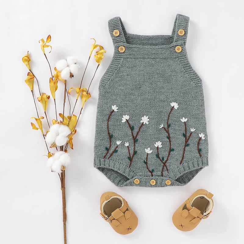 Handcrafted Sleeveless Knit Romper for Baby Girls with Floral Embroidery (0-18M)    Mimou Babywear