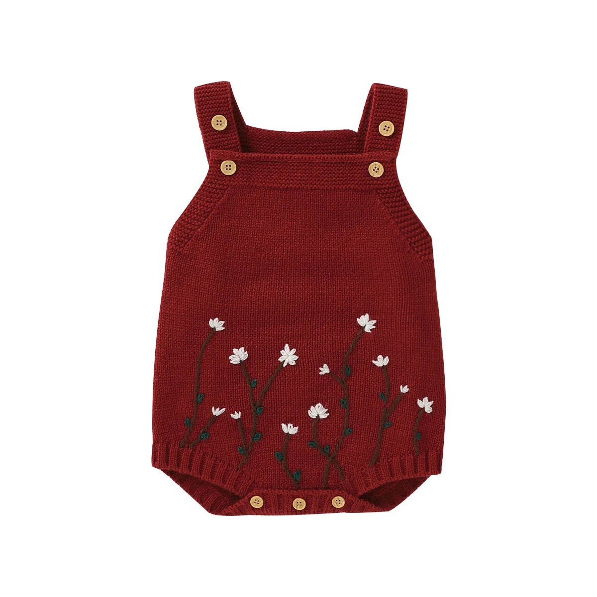 Handcrafted Sleeveless Knit Romper for Baby Girls with Floral Embroidery (0-18M)    Mimou Babywear
