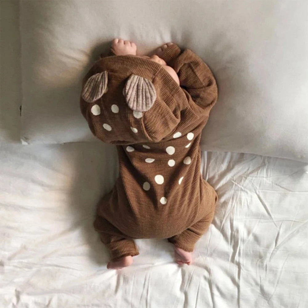 Hooded Baby Romper with Deer Patch – Cotton One-Piece (0-18M)    Mimou Babywear