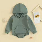 Hooded Baby Romper with Front Pocket – Long Sleeve One-Piece (0-24M)    Mimou Babywear