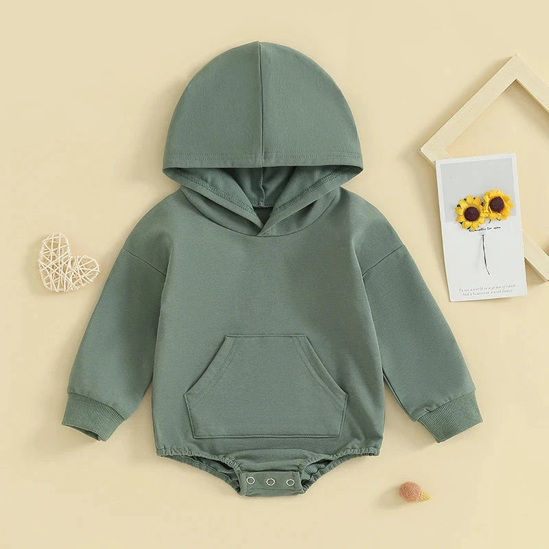 Hooded Baby Romper with Front Pocket – Long Sleeve One-Piece (0-24M)    Mimou Babywear