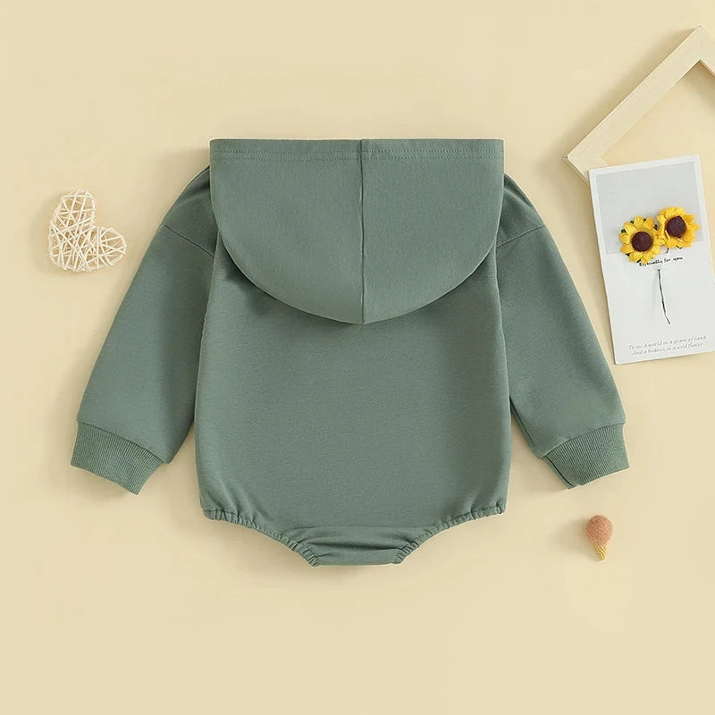 Hooded Baby Romper with Front Pocket – Long Sleeve One-Piece (0-24M)    Mimou Babywear