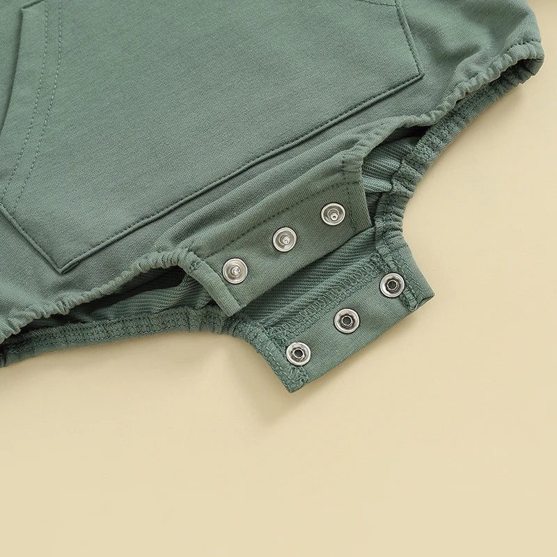 Hooded Baby Romper with Front Pocket – Long Sleeve One-Piece (0-24M)    Mimou Babywear