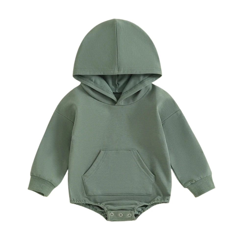 Hooded Baby Romper with Front Pocket – Long Sleeve One-Piece (0-24M)    Mimou Babywear
