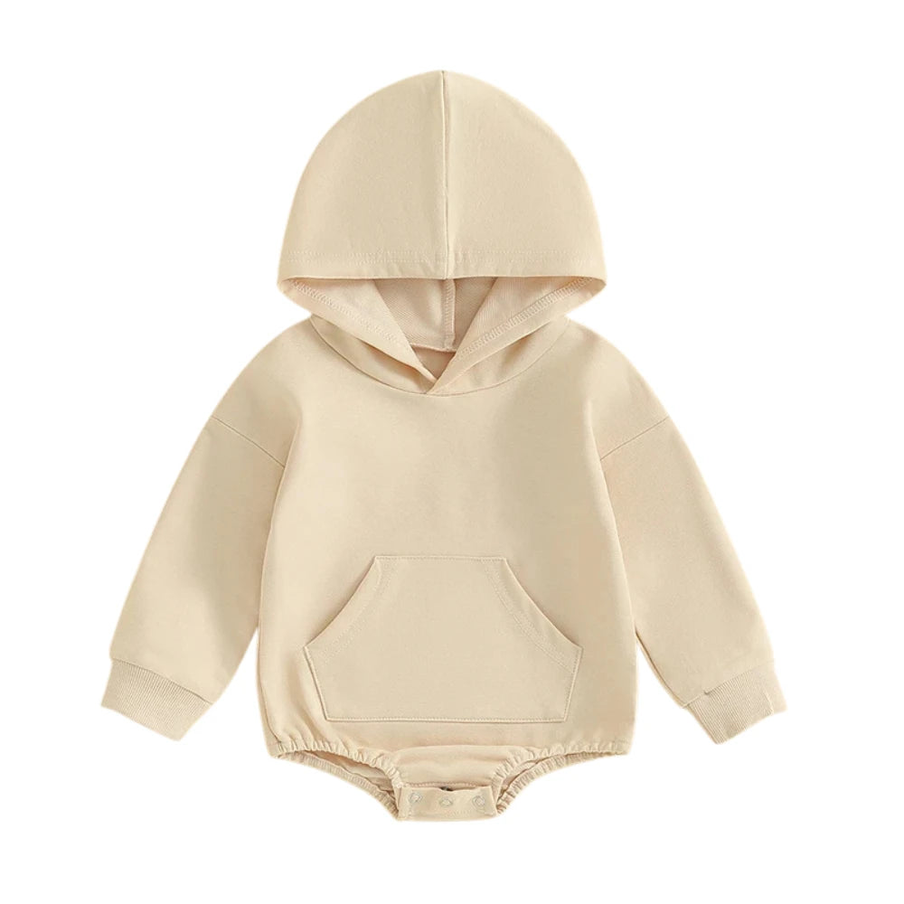 Hooded Baby Romper with Front Pocket – Long Sleeve One-Piece (0-24M)    Mimou Babywear
