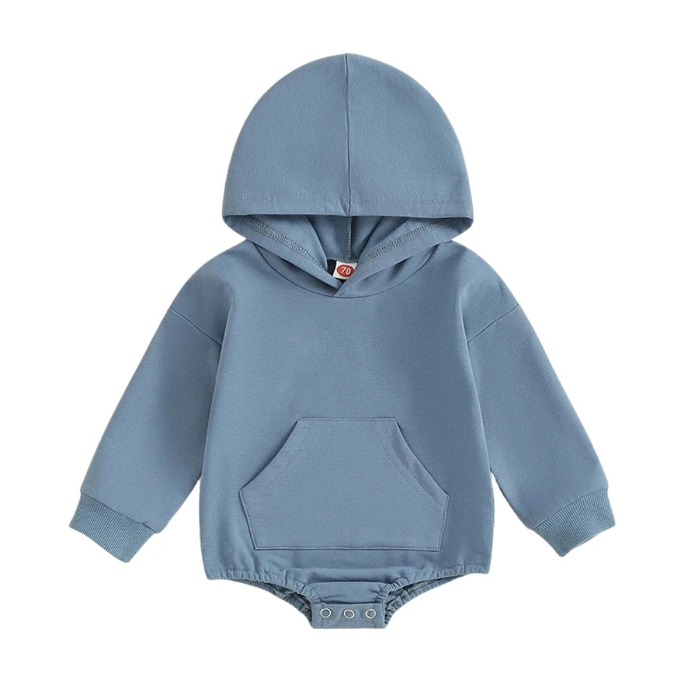 Hooded Baby Romper with Front Pocket – Long Sleeve One-Piece (0-24M)    Mimou Babywear
