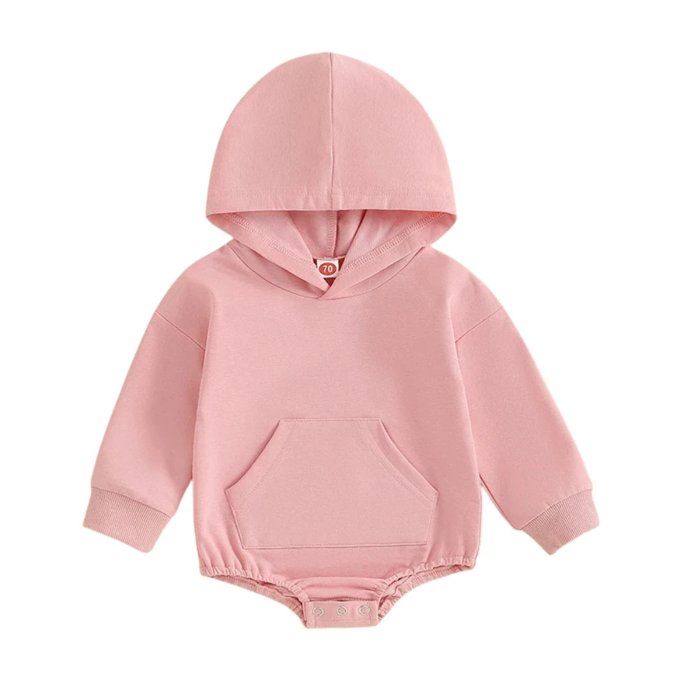 Hooded Baby Romper with Front Pocket – Long Sleeve One-Piece (0-24M)    Mimou Babywear