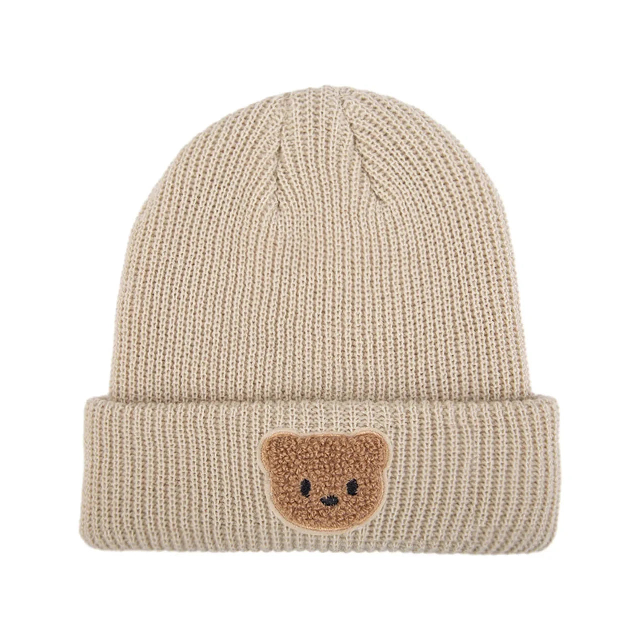 Knitted Baby Beanie with Teddy Bear Patch – Soft & Warm Winter Hat (6-36M)    Mimou Babywear