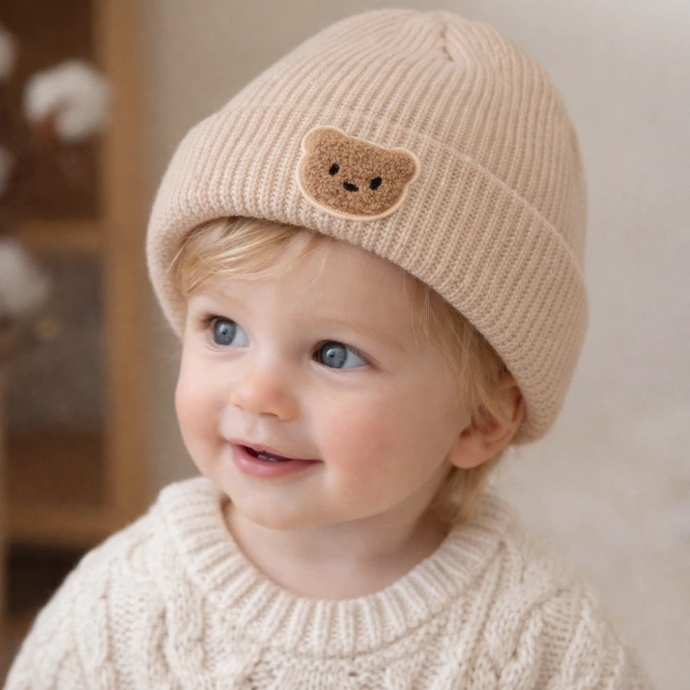Knitted Baby Beanie with Teddy Bear Patch – Soft & Warm Winter Hat (6-36M)    Mimou Babywear