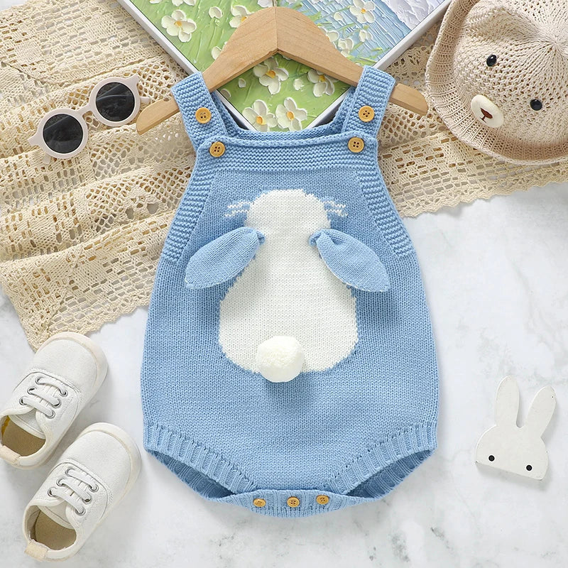 Knitted Baby Bunny Romper – Sleeveless Strap One-Piece (6-24M)    Mimou Babywear