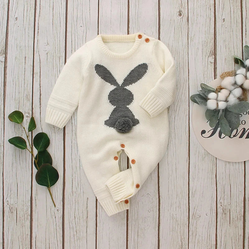 Knitted Baby Bunny Romper – Warm Long Sleeve Jumpsuit (3–24M)    Mimou Babywear