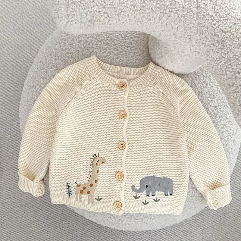 Knitted Baby Cardigan with Animal Embroidery – Cotton Button-Up (0-24M)    Mimou Babywear