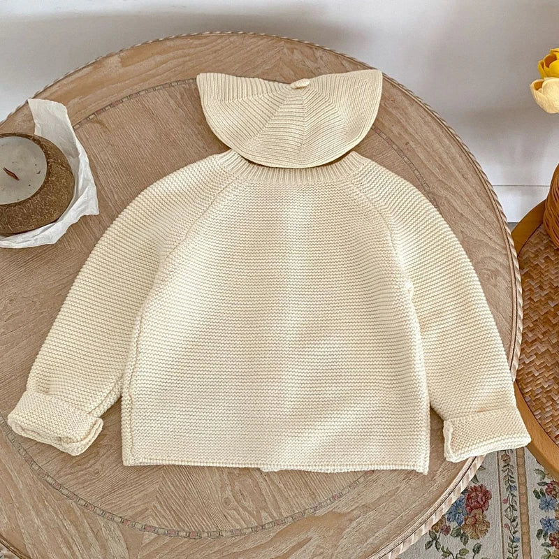 Knitted Baby Cardigan with Animal Embroidery – Cotton Button-Up (0-24M)    Mimou Babywear
