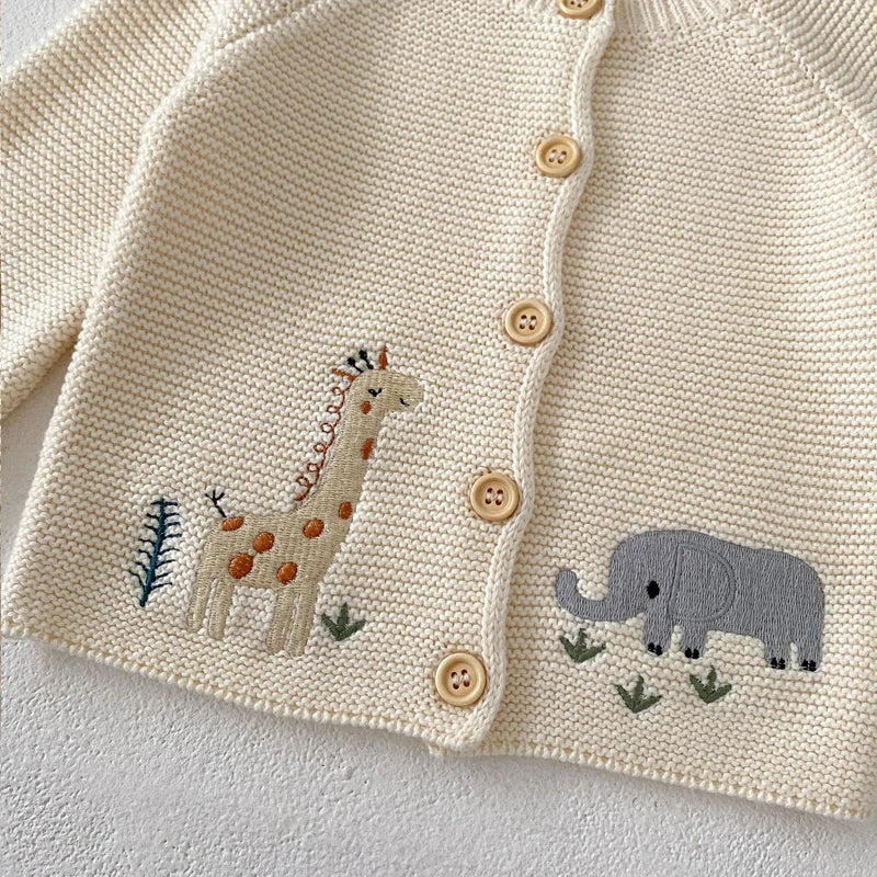 Knitted Baby Cardigan with Animal Embroidery – Cotton Button-Up (0-24M)    Mimou Babywear