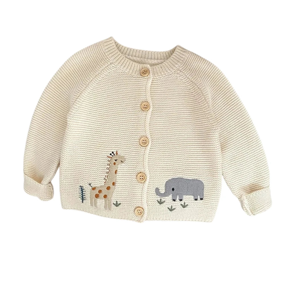 Knitted baby cardigan with animal embroidery, front view