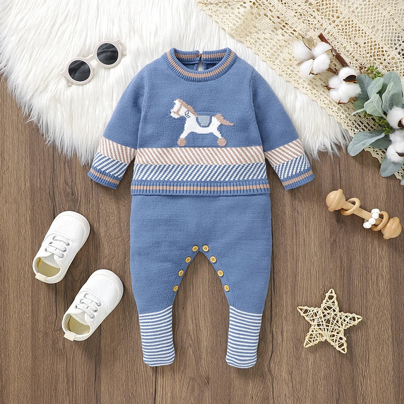 Knitted Baby Footed Romper – Horse Pattern One-Piece (0–12M)    Mimou Babywear