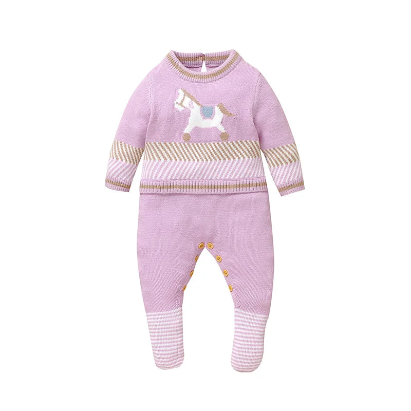 Knitted Baby Footed Romper – Horse Pattern One-Piece (0–12M)    Mimou Babywear
