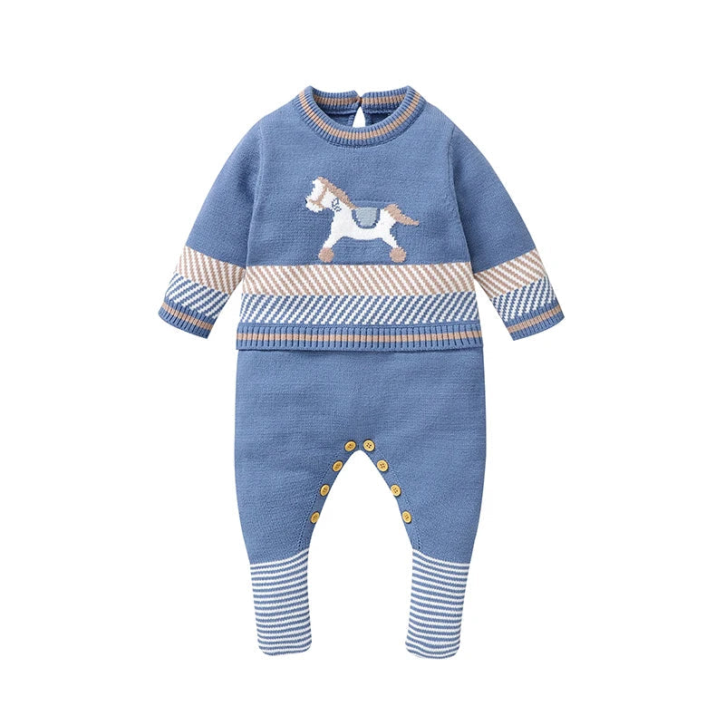 Knitted Baby Footed Romper – Horse Pattern One-Piece (0–12M)    Mimou Babywear