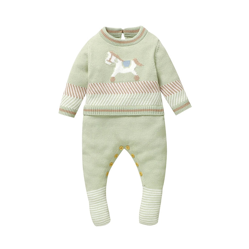 Knitted Baby Footed Romper – Horse Pattern One-Piece (0–12M)    Mimou Babywear
