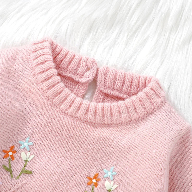 Knitted Baby Girl Romper – Floral Embroidery One-Piece (0–24M)    Mimou Babywear