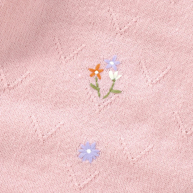 Knitted Baby Girl Romper – Floral Embroidery One-Piece (0–24M)    Mimou Babywear
