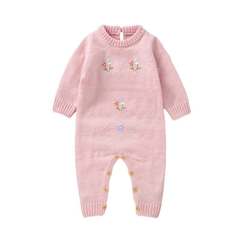Knitted Baby Girl Romper – Floral Embroidery One-Piece (0–24M)    Mimou Babywear