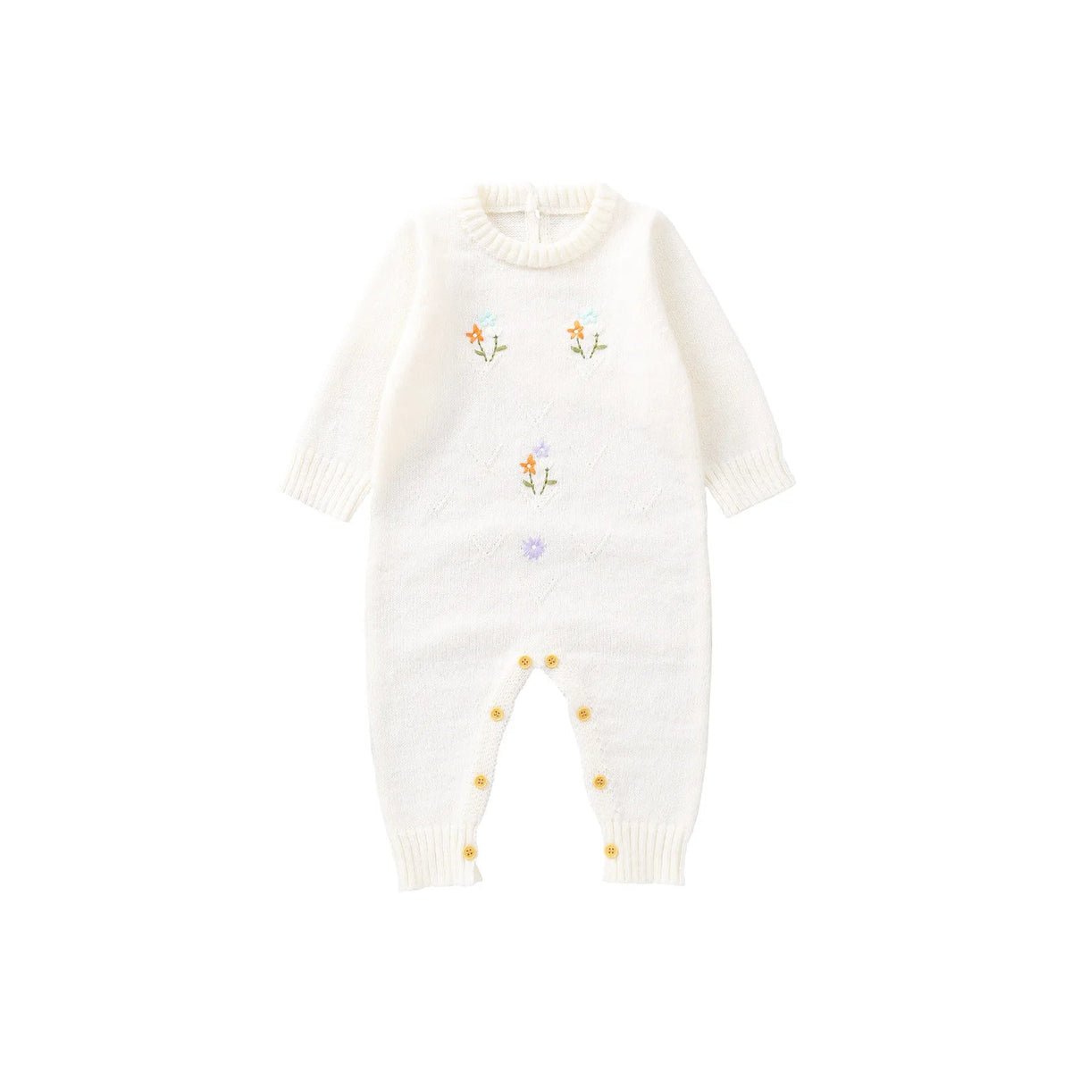 Knitted Baby Girl Romper – Floral Embroidery One-Piece (0–24M)    Mimou Babywear