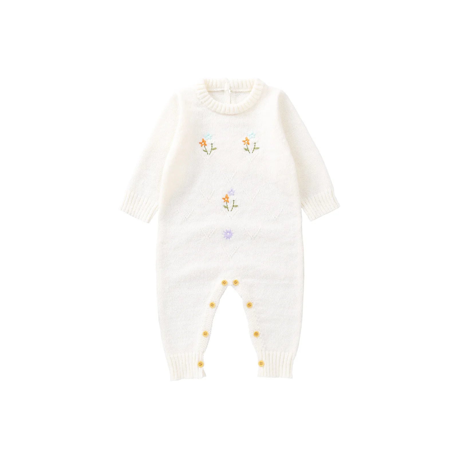 Knitted Baby Girl Romper – Floral Embroidery One-Piece (0–24M)    Mimou Babywear