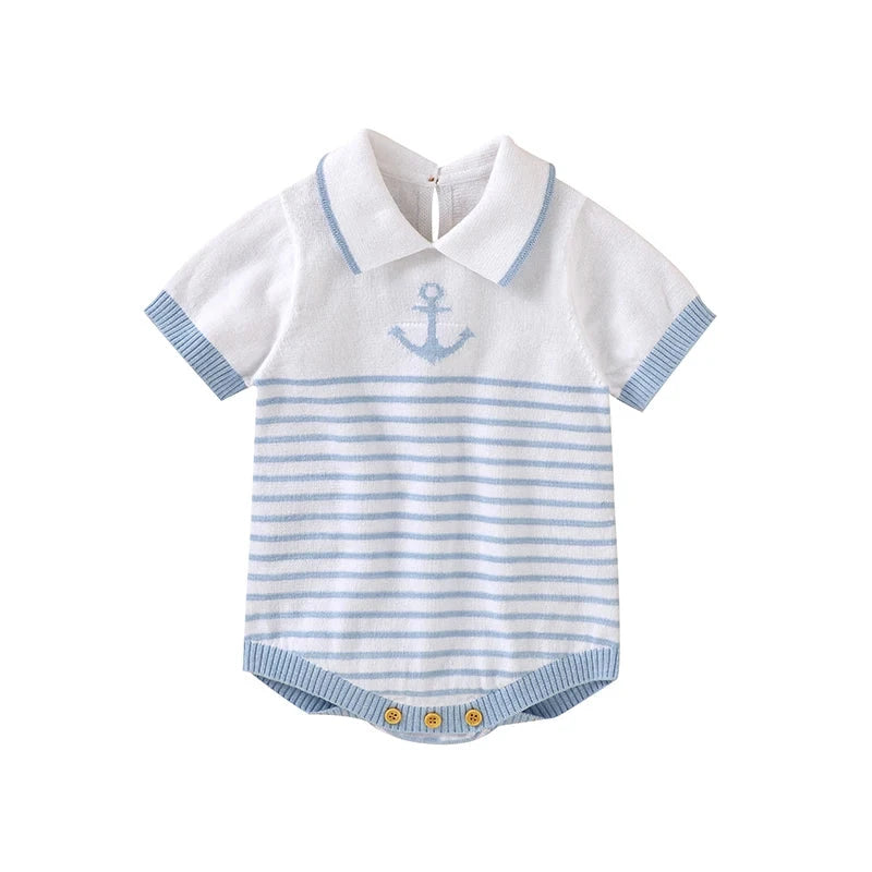 Knitted Baby Romper with Sailor Collar – Short Sleeve Cotton One-Piece (0-18M)    Mimou Babywear