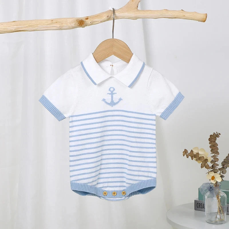 Knitted Baby Romper with Sailor Collar – Short Sleeve Cotton One-Piece (0-18M)    Mimou Babywear