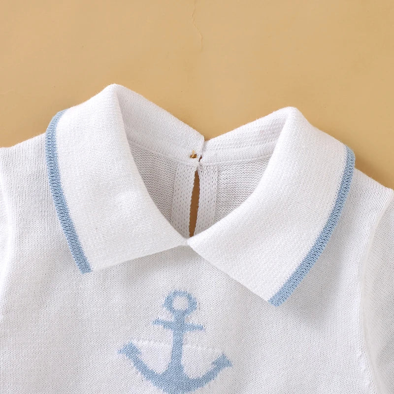 Knitted Baby Romper with Sailor Collar – Short Sleeve Cotton One-Piece (0-18M)    Mimou Babywear