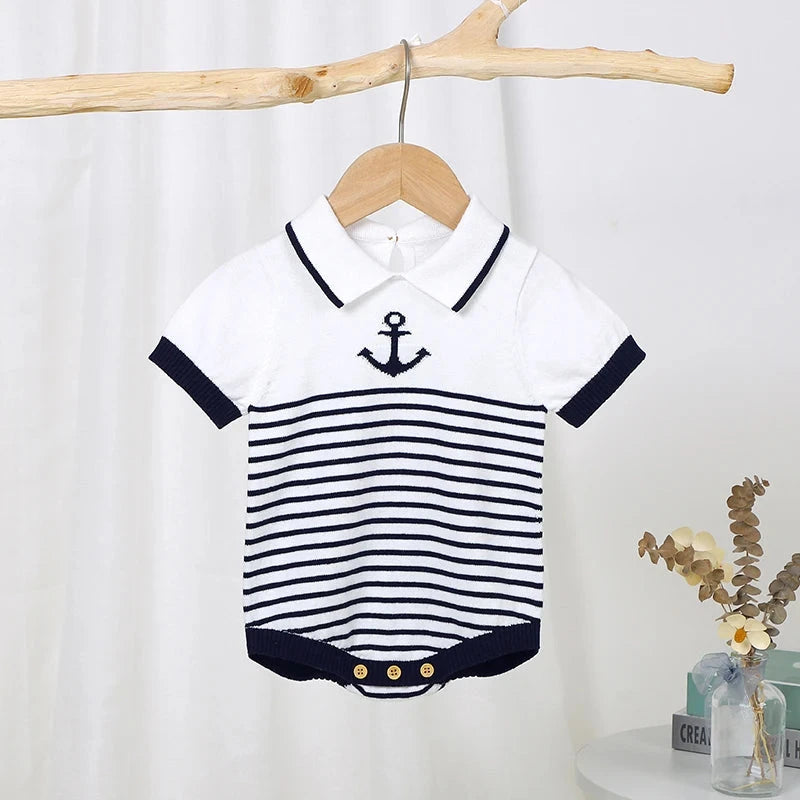 Knitted Baby Romper with Sailor Collar – Short Sleeve Cotton One-Piece (0-18M)    Mimou Babywear