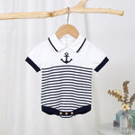 Knitted Baby Romper with Sailor Collar – Short Sleeve Cotton One-Piece (0-18M)    Mimou Babywear