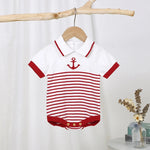 Knitted Baby Romper with Sailor Collar – Short Sleeve Cotton One-Piece (0-18M)    Mimou Babywear