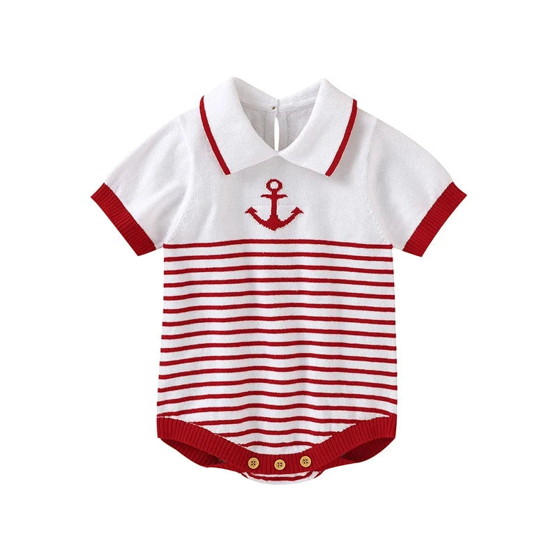 Knitted Baby Romper with Sailor Collar – Short Sleeve Cotton One-Piece (0-18M)    Mimou Babywear